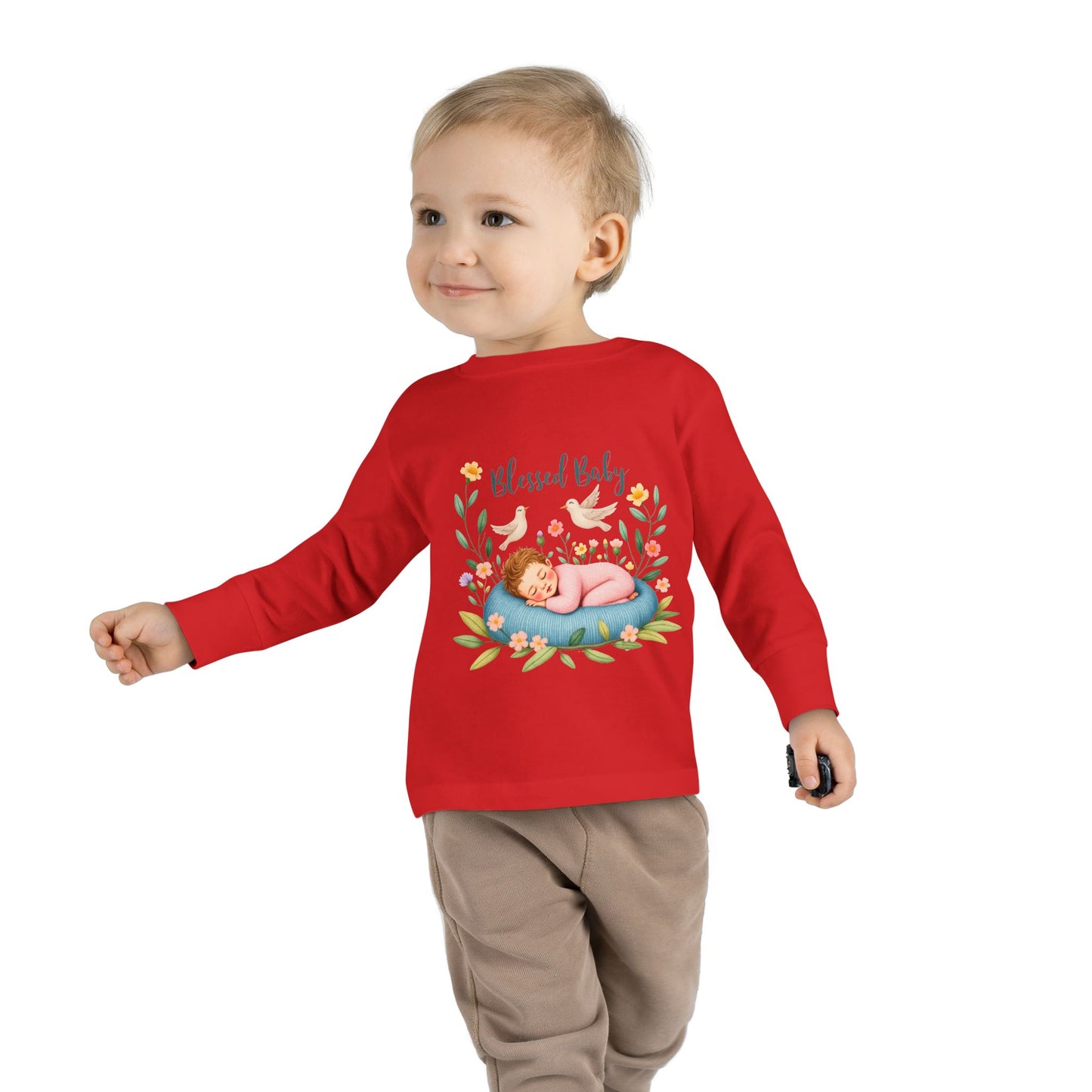Blessed Baby Toddler Long Sleeve Tee — Cute Sleeping Newborn Floral Design