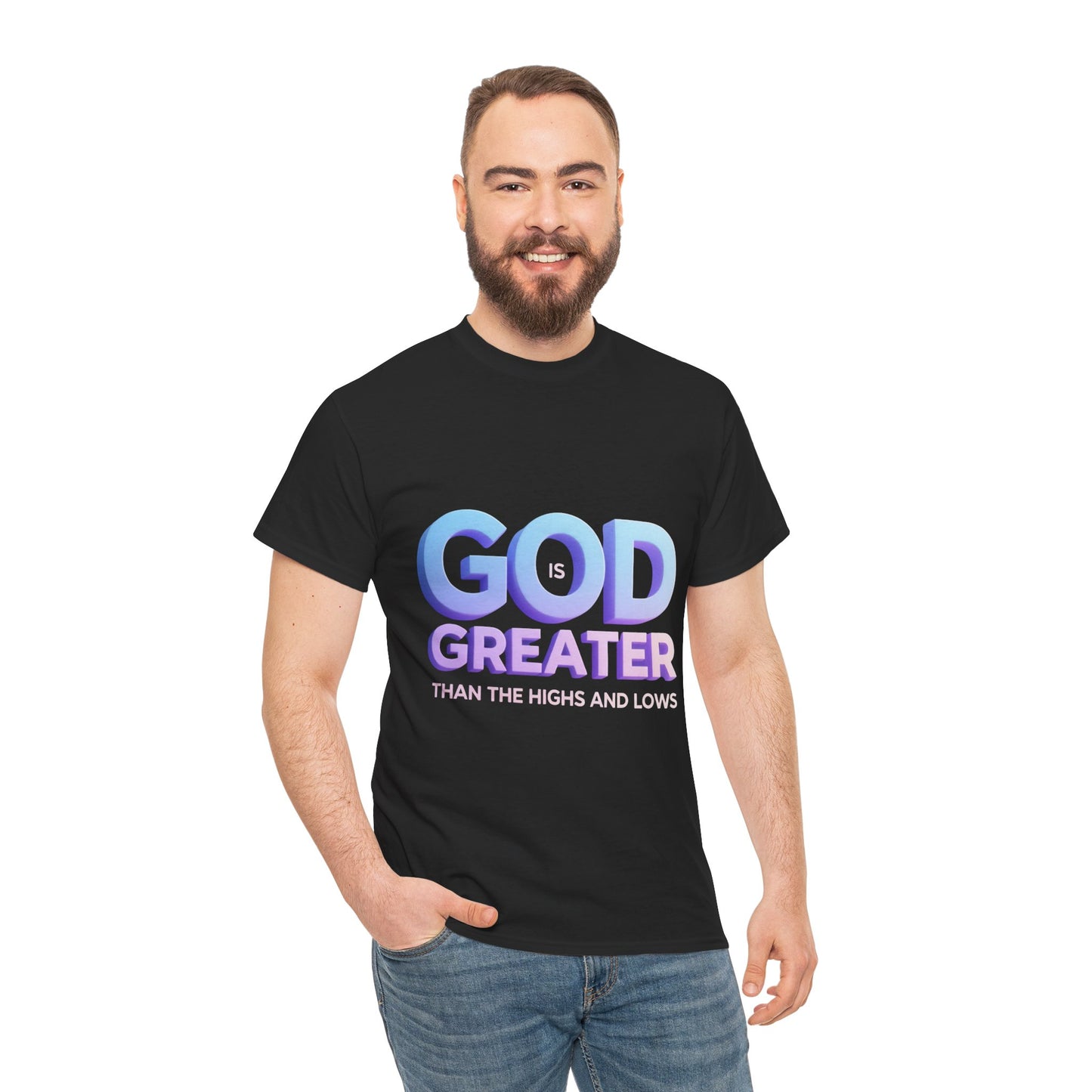 God Greater Gradient Tee — Soft Blue & Lilac Faith Shirt