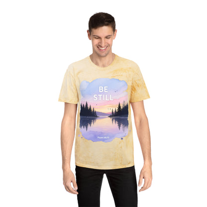 Be Still Scenic T-Shirt — Psalm 46:10 Sunset Lake Tee