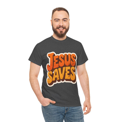 Jesus Saves Retro Tee — Bright Sunset Faith T-Shirt