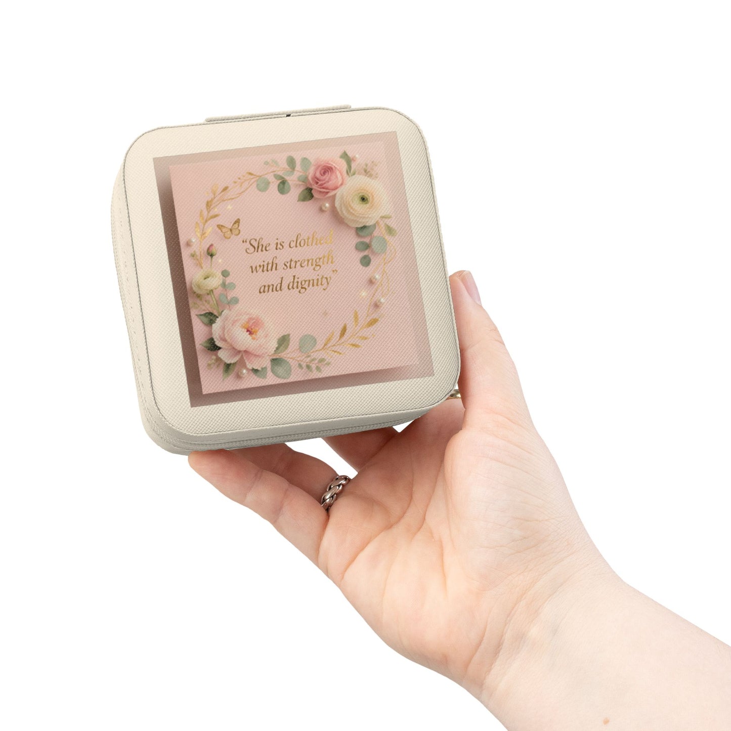 Pink Floral Jewelry Travel Case – Compact Organizer with Ring Rolls & Compartments (She is Strong with Courage and Dignity)