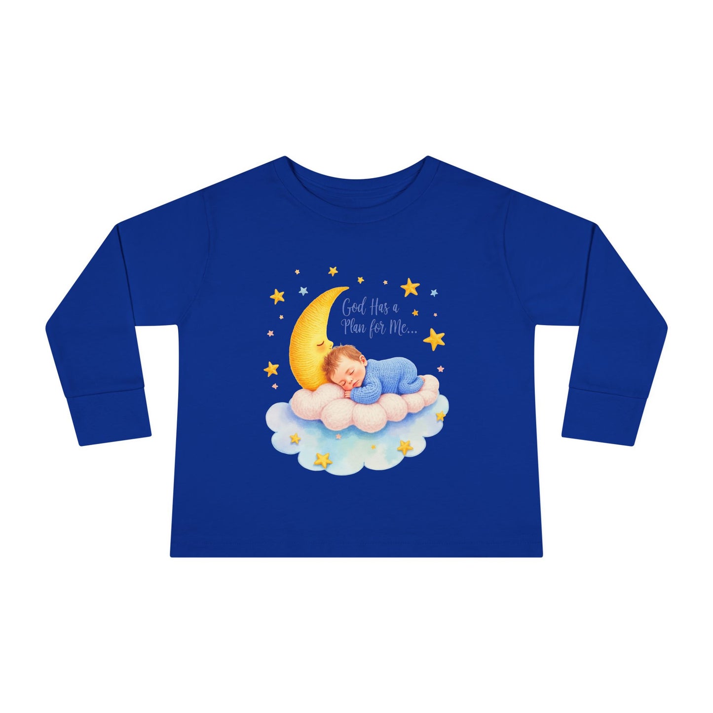 God Has a Plan for Me Toddler Long Sleeve Tee — Sleeping Baby on Moon Cloud