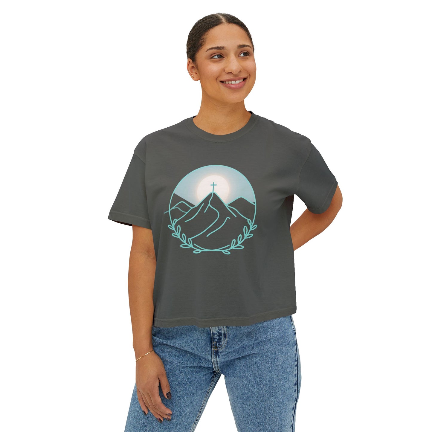 Women's Boxy Tee — Sunrise Mountain Line Art with Laurel (Calm, Faith-Inspired Vintage Tee)