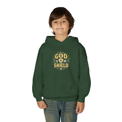 Youth Hoodie — "God Shield" Faith Graphic Pullover
