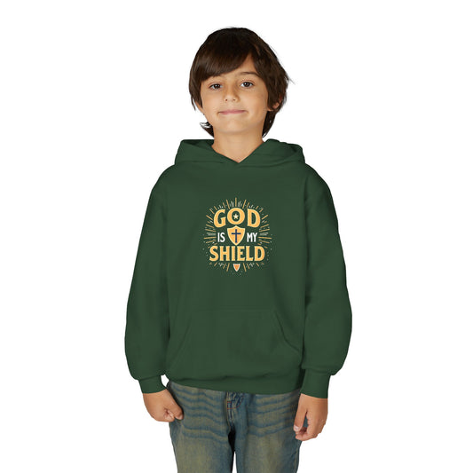 Youth Hoodie — "God Shield" Faith Graphic Pullover