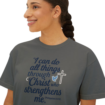Christian Graphic Boxy Tee — "I Can Do All Things Through Christ" Inspirational Women’s T‑Shirt