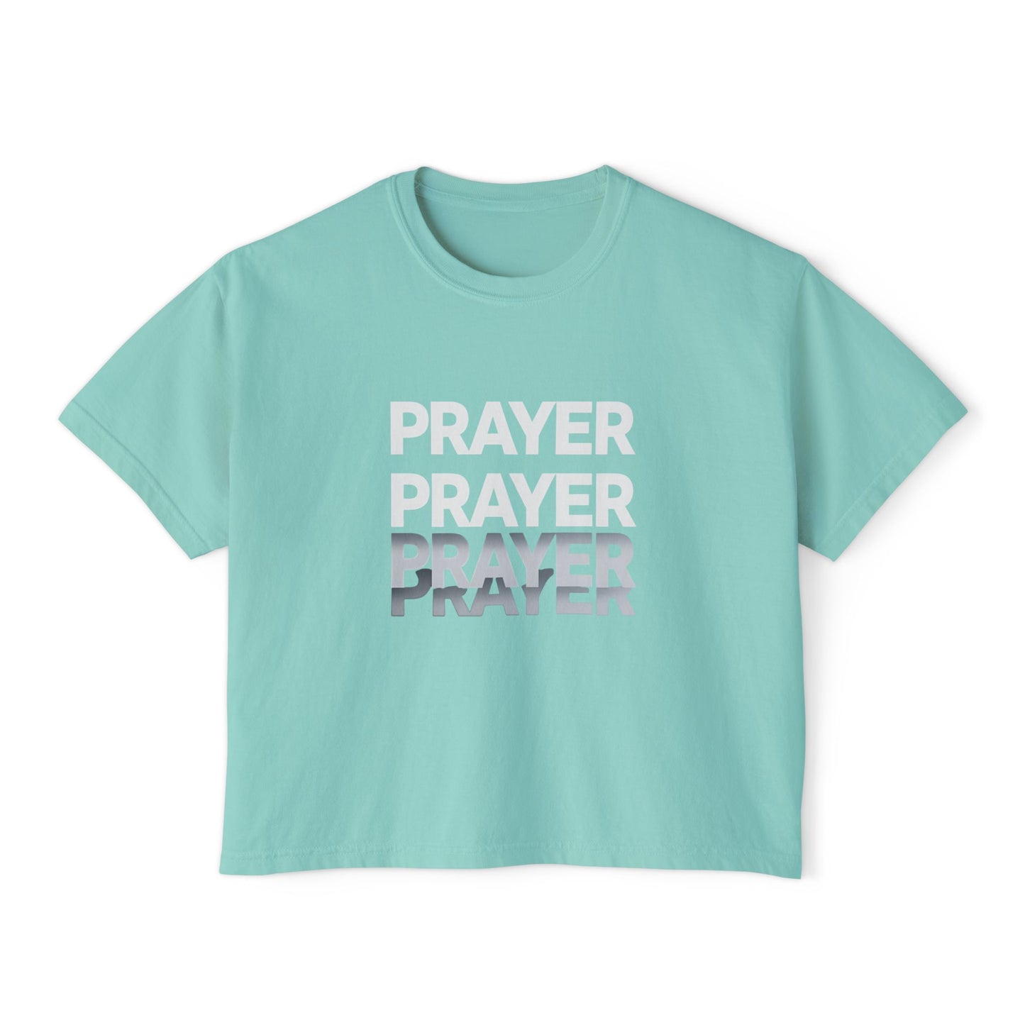 Prayer Boxy Tee — Women's Spiritual Graphic Top (Prayer Repeated Design)