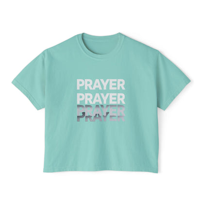 Prayer Boxy Tee — Women's Spiritual Graphic Top (Prayer Repeated Design)