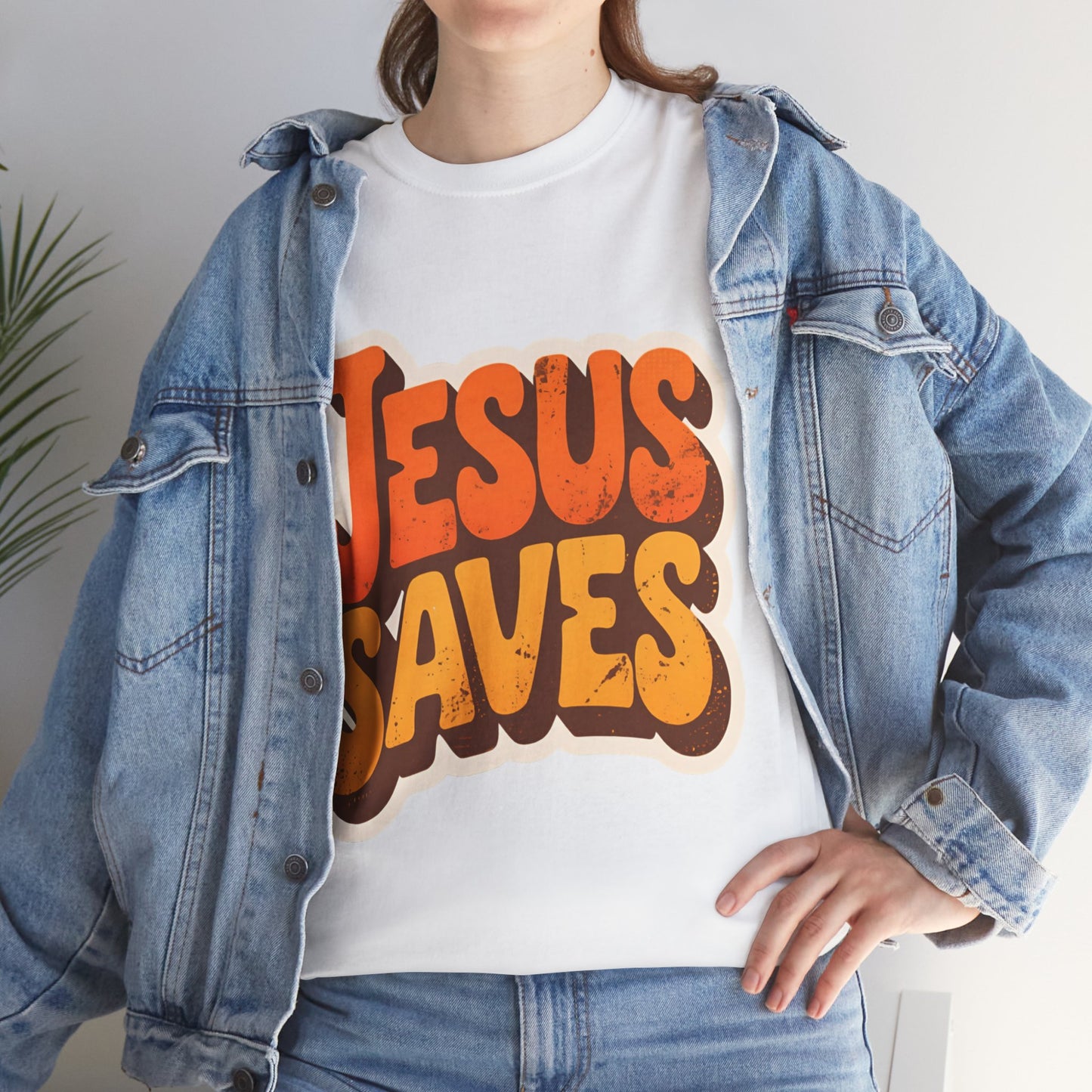 Jesus Saves Retro Tee — Bright Sunset Faith T-Shirt