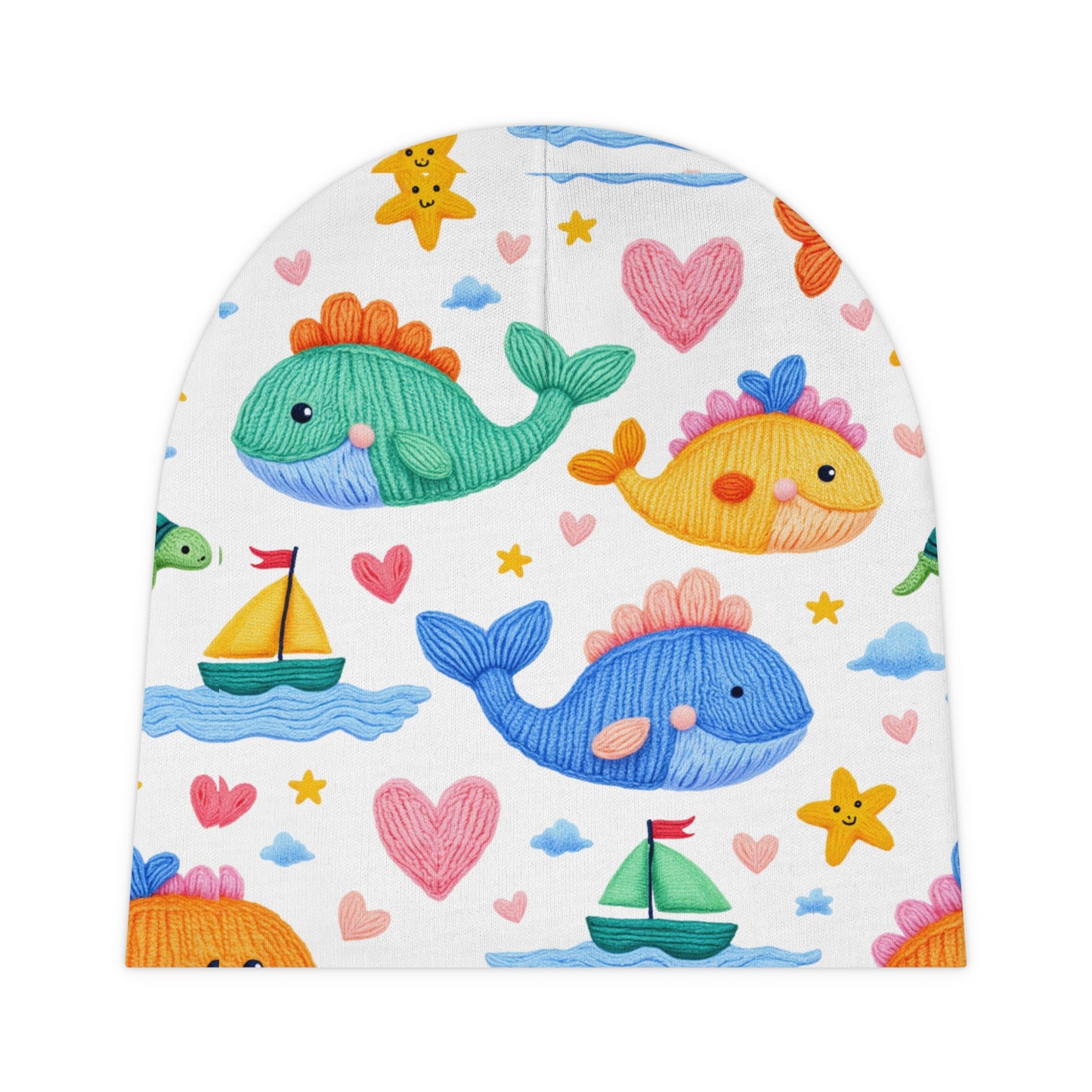 Cute Whale Baby Beanie – Colorful Nautical Infant Hat with Hearts & Sailboats