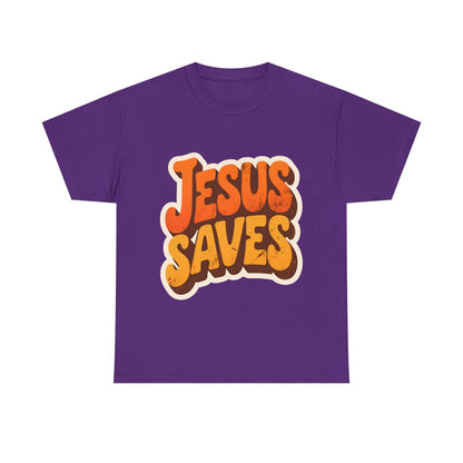 Jesus Saves Retro Tee — Bright Sunset Faith T-Shirt