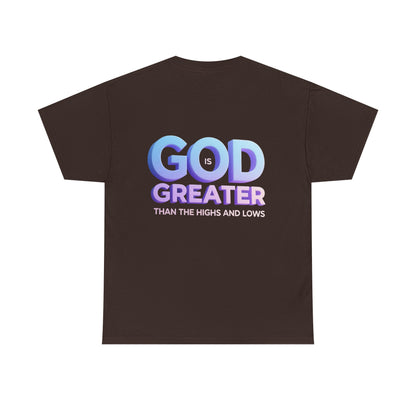 God Greater Gradient Tee — Soft Blue & Lilac Faith Shirt
