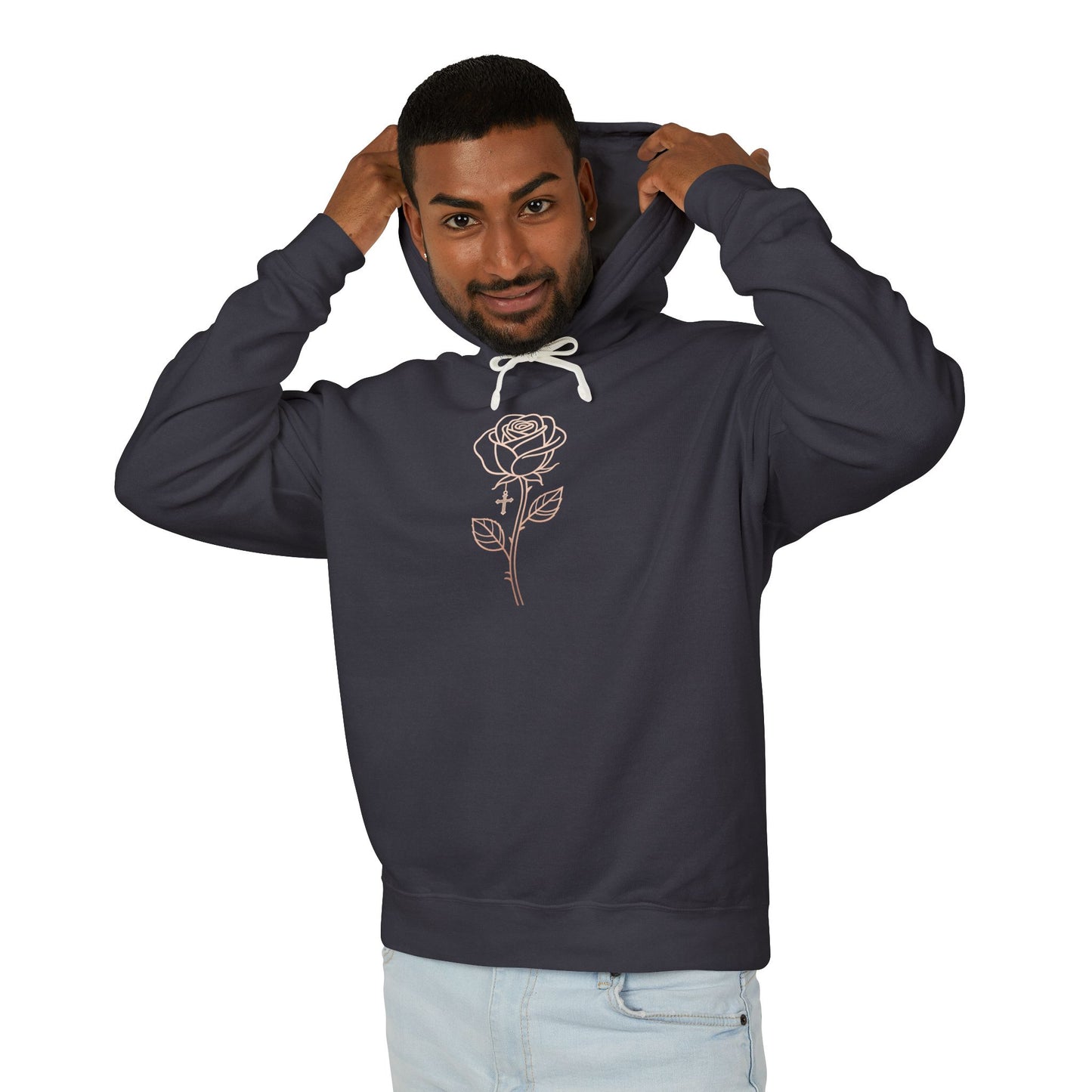 Lightweight Rose Line Hoodie — Subtle Single-Line Floral Design