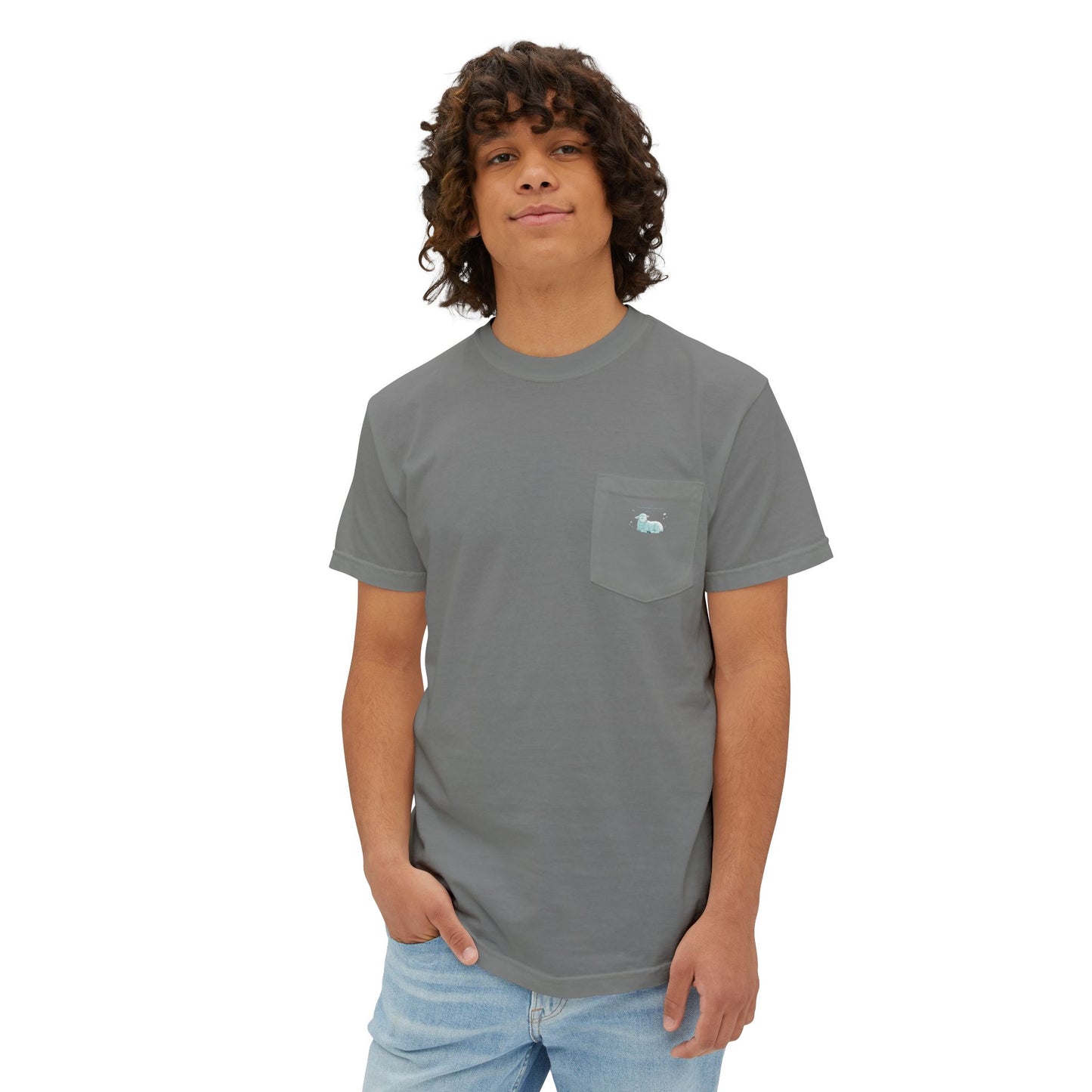 Lamb Rest Pocket T‑Shirt — Vintage Seafoam Pocket Tee with Script Verse