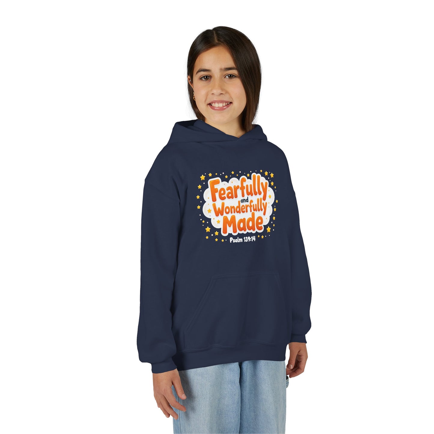 Youth Hoodie — "Fearfully & Wonderfully Made" Christian Kids Sweatshirt (Psalm 139:14)