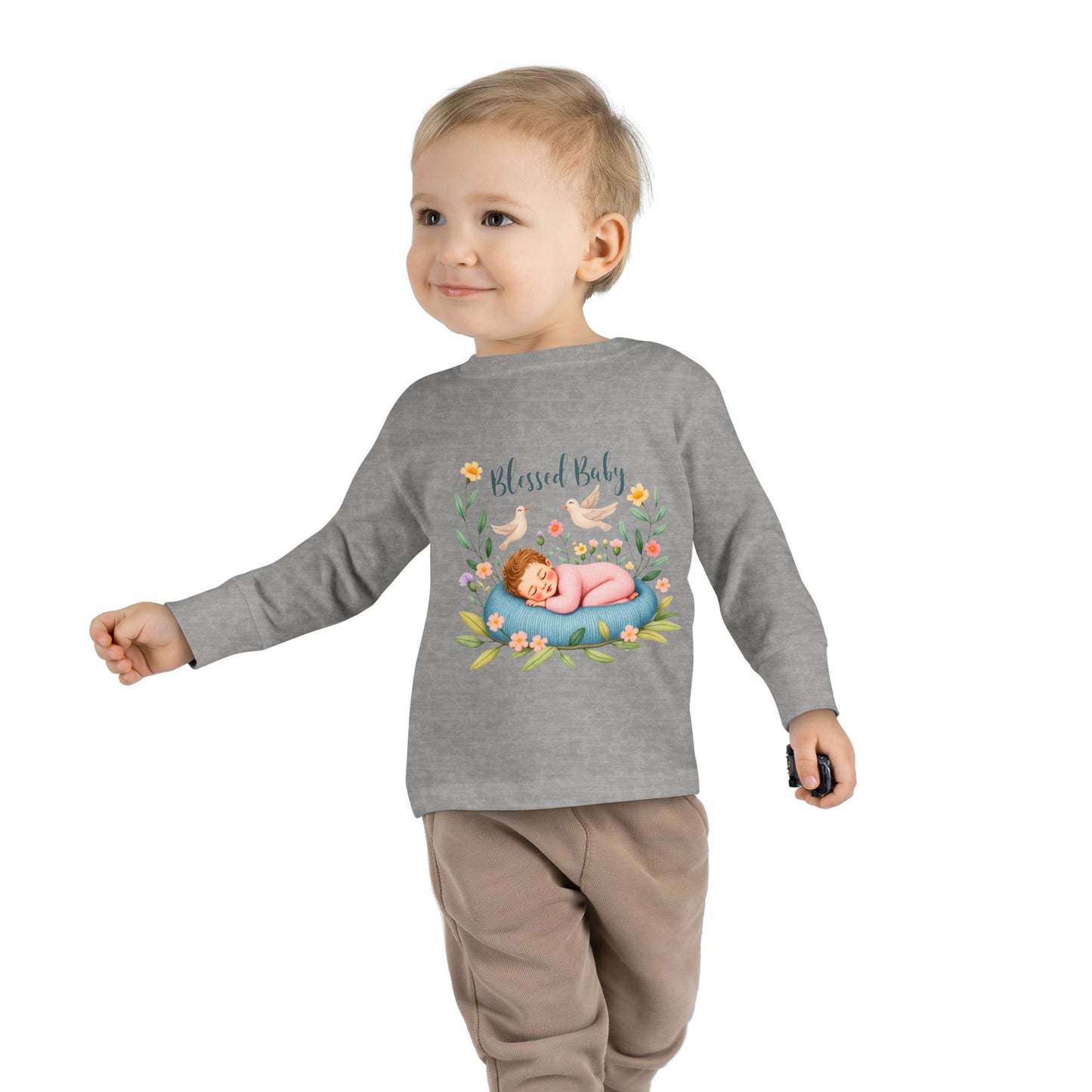 Blessed Baby Toddler Long Sleeve Tee — Cute Sleeping Newborn Floral Design