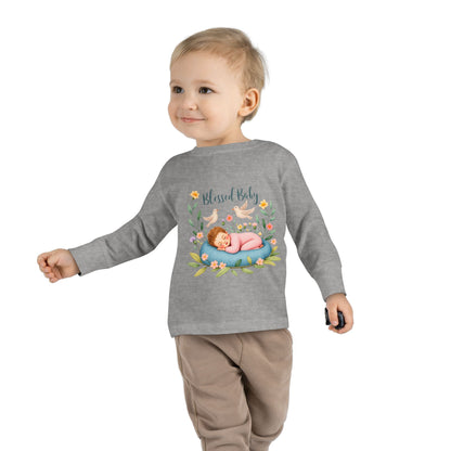 Blessed Baby Toddler Long Sleeve Tee — Cute Sleeping Newborn Floral Design