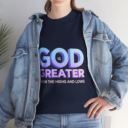 God Greater Gradient Tee — Soft Blue & Lilac Faith Shirt