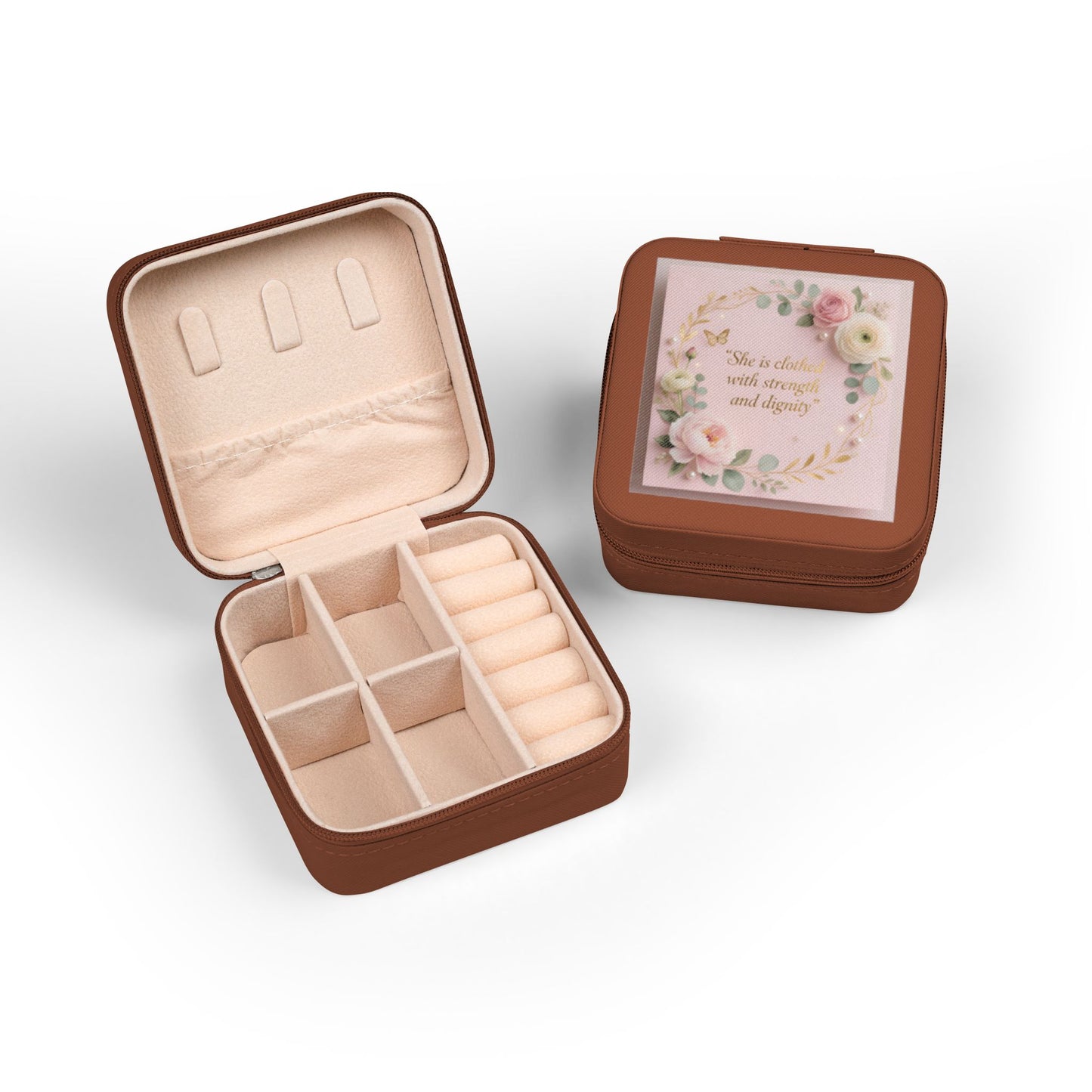 Pink Floral Jewelry Travel Case – Compact Organizer with Ring Rolls & Compartments (She is Strong with Courage and Dignity)