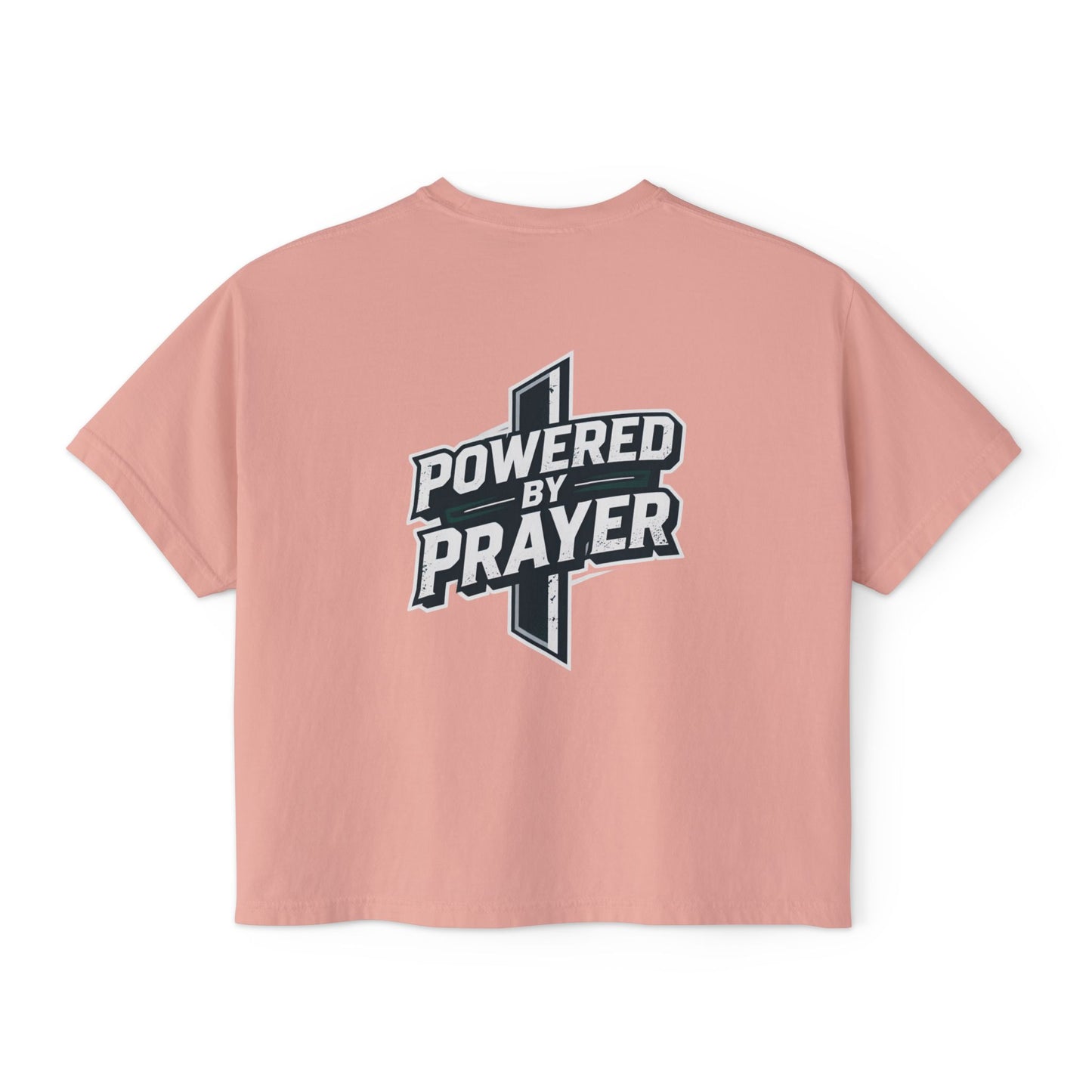 Powered by Prayer Boxy Tee — Women's Christian Graphic Shirt