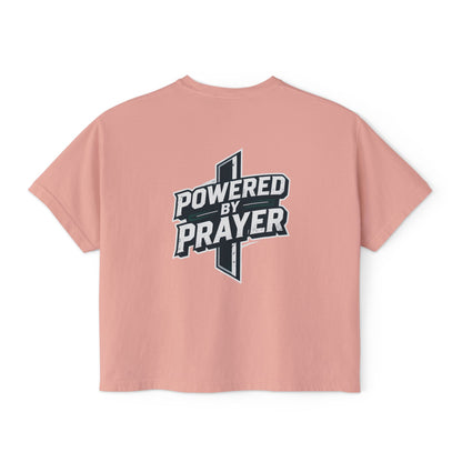 Powered by Prayer Boxy Tee — Women's Christian Graphic Shirt