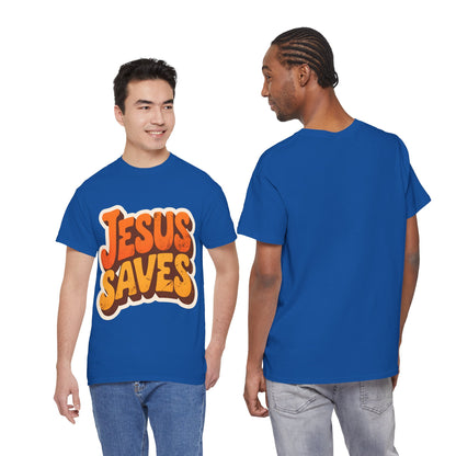 Jesus Saves Retro Tee — Bright Sunset Faith T-Shirt