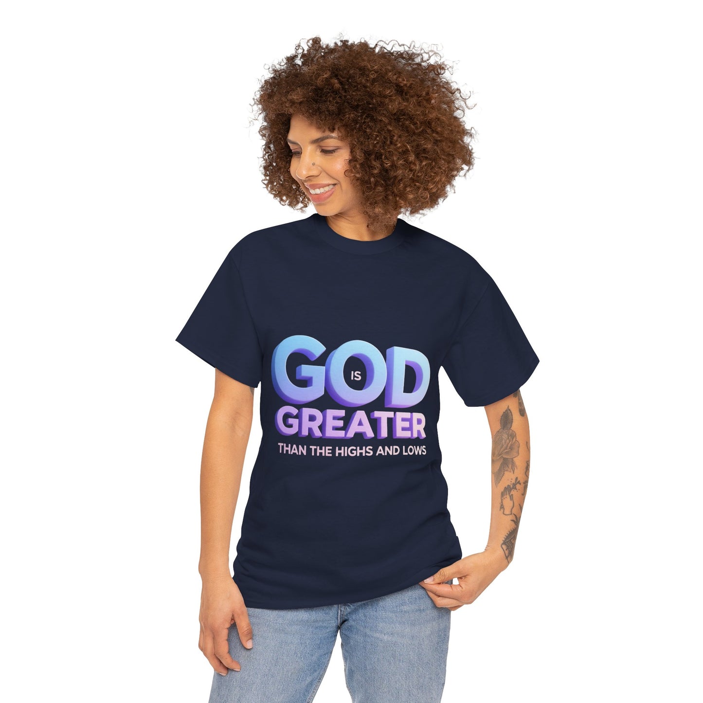 God Greater Gradient Tee — Soft Blue & Lilac Faith Shirt