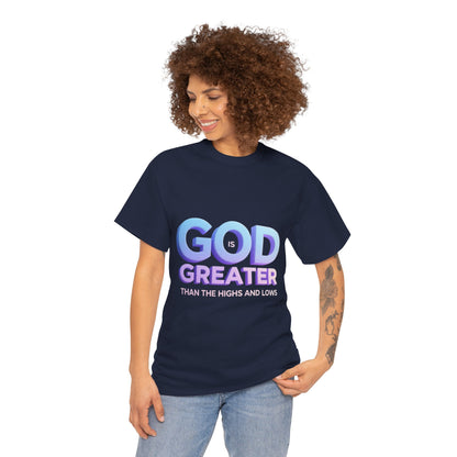 God Greater Gradient Tee — Soft Blue & Lilac Faith Shirt
