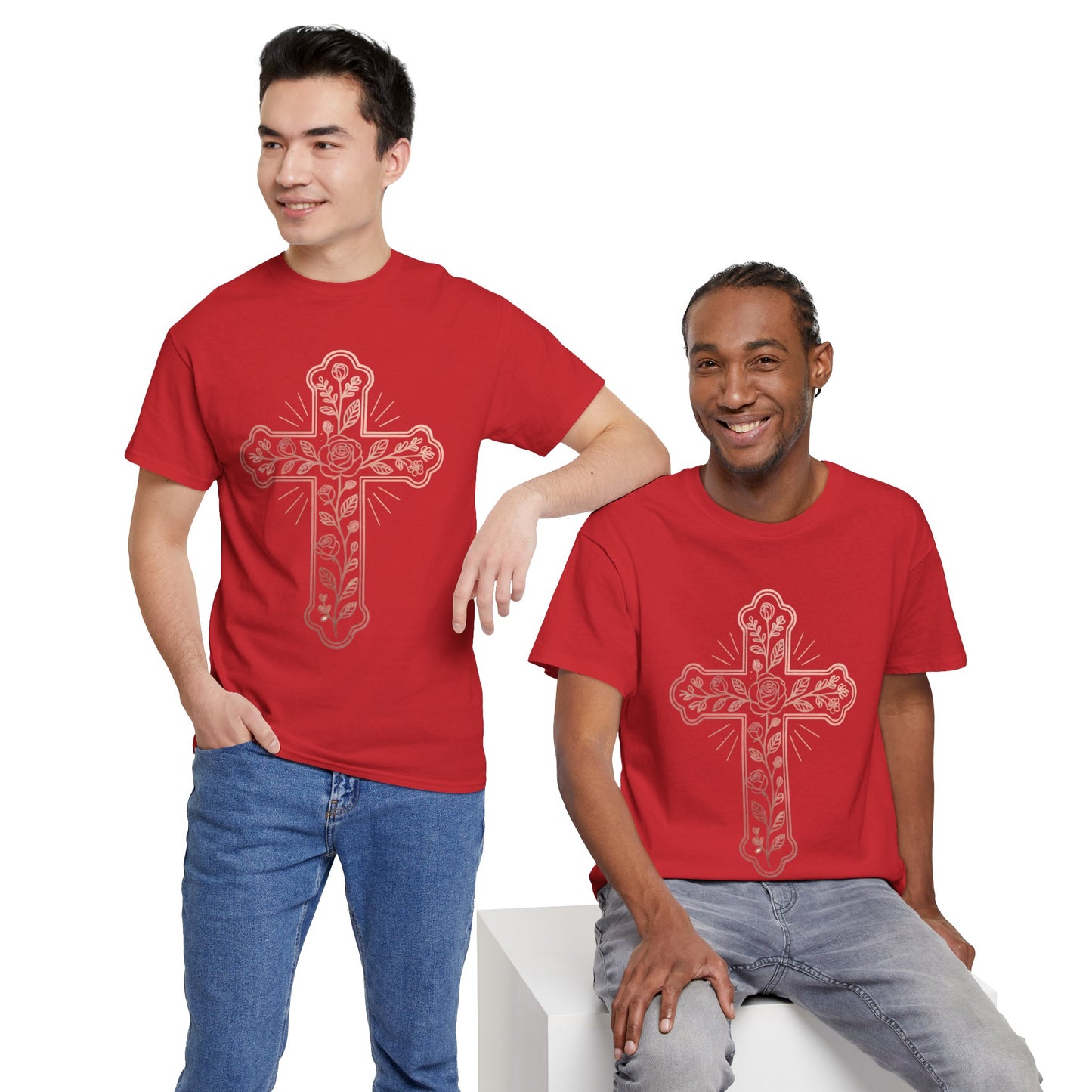 Floral Cross Tee – Delicate Pink Botanical Christian T-Shirt