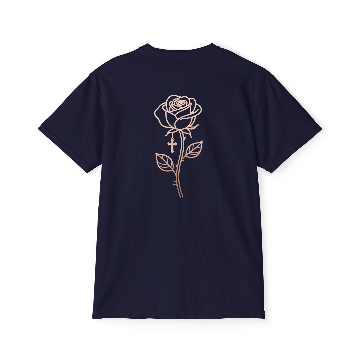 Garment-Dyed Pocket Tee — Rose Line-Art Back Design