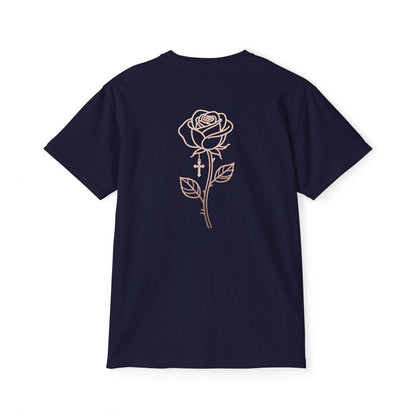 Garment-Dyed Pocket Tee — Rose Line-Art Back Design