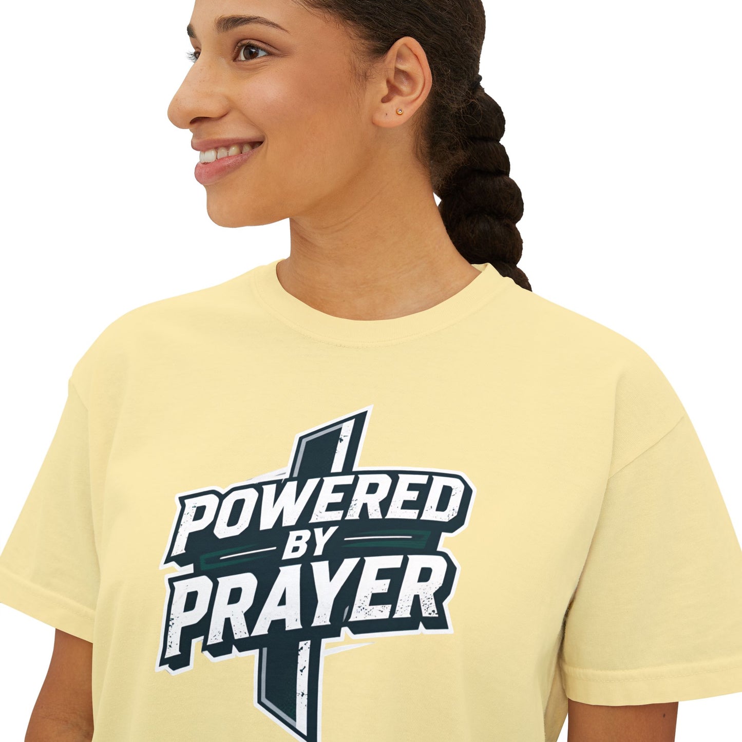 Powered by Prayer Boxy Tee — Women's Christian Graphic Shirt