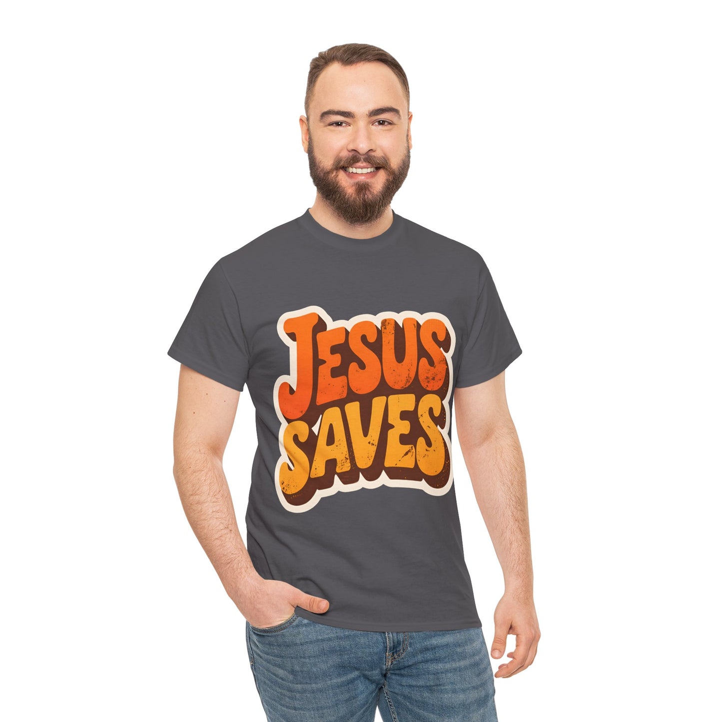 Jesus Saves Retro Tee — Bright Sunset Faith T-Shirt