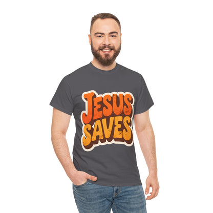 Jesus Saves Retro Tee — Bright Sunset Faith T-Shirt