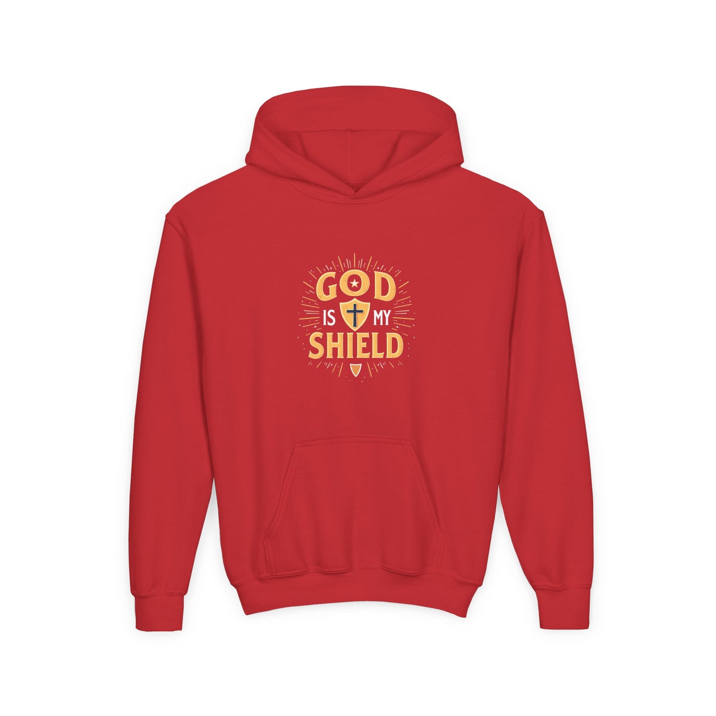Youth Hoodie — "God Shield" Faith Graphic Pullover