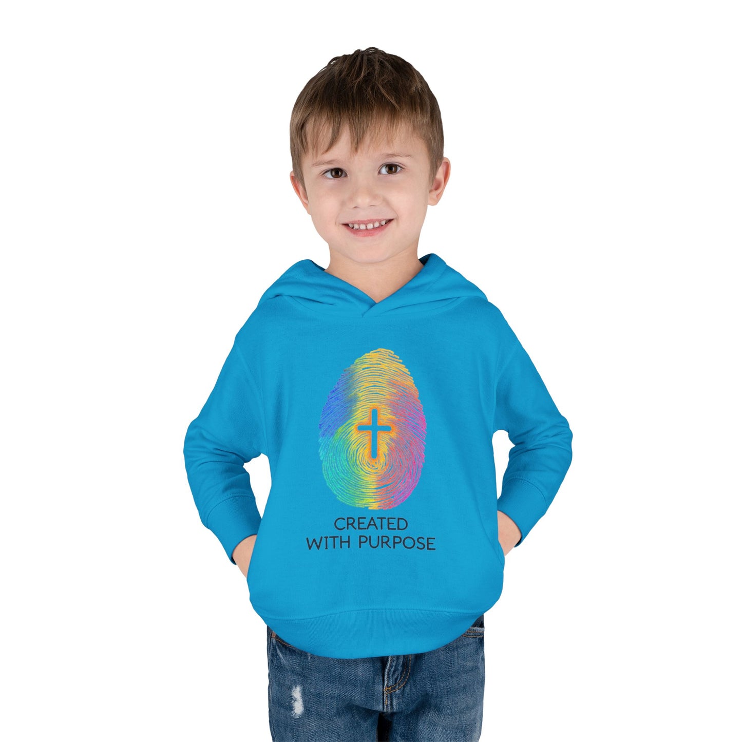 Toddler Hoodie — "Created With Purpose" Rainbow Fingerprint Cross