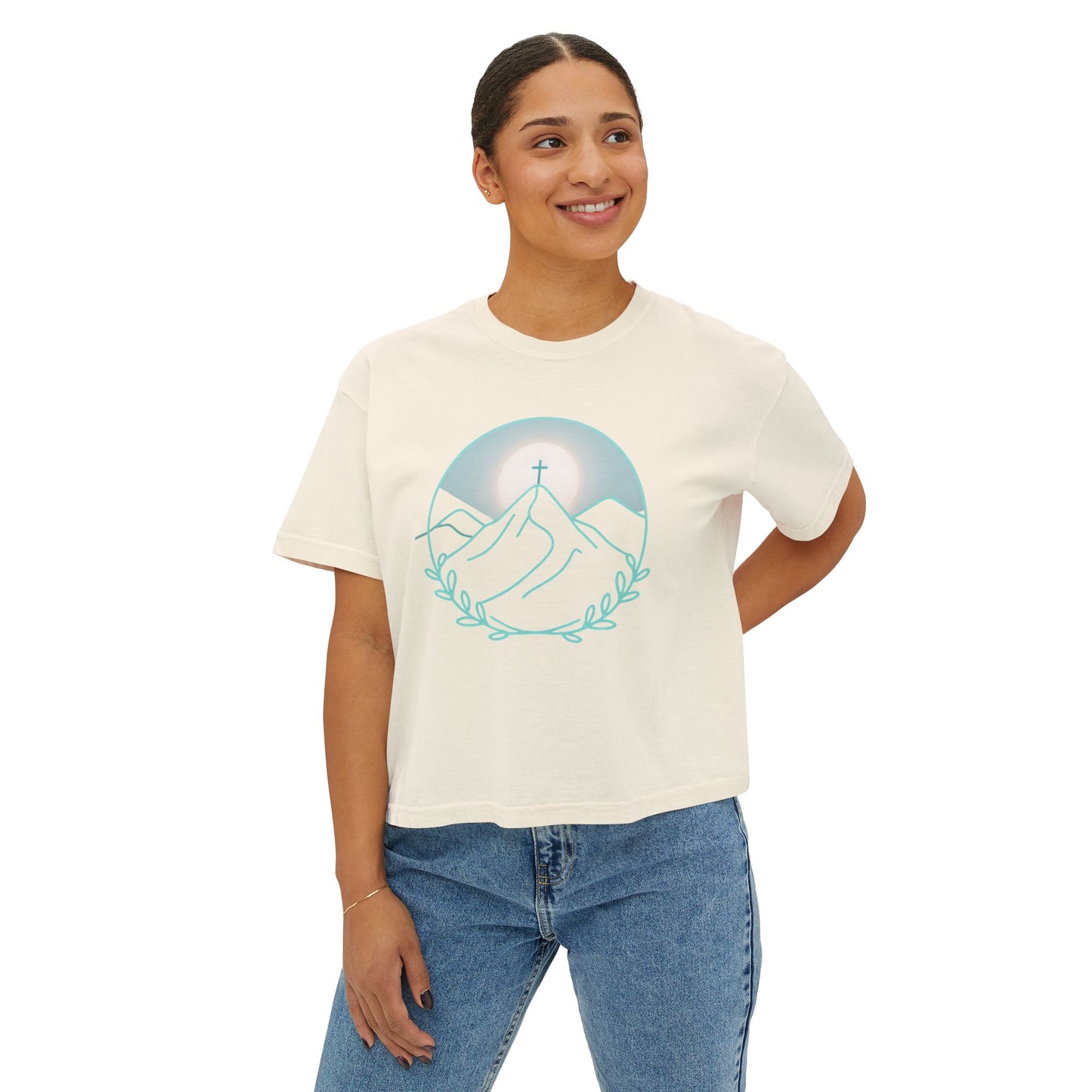 Women's Boxy Tee — Sunrise Mountain Line Art with Laurel (Calm, Faith-Inspired Vintage Tee)