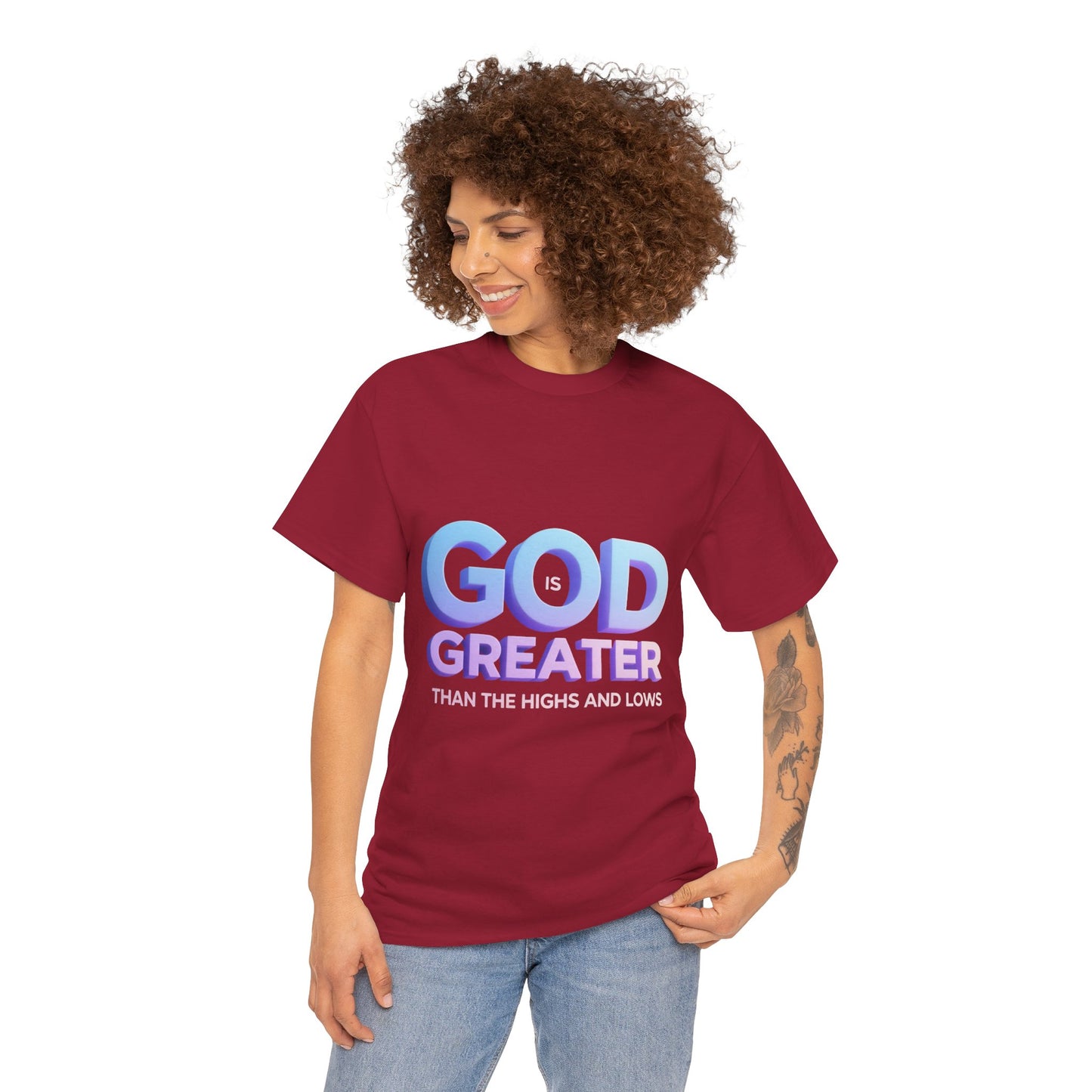 God Greater Gradient Tee — Soft Blue & Lilac Faith Shirt