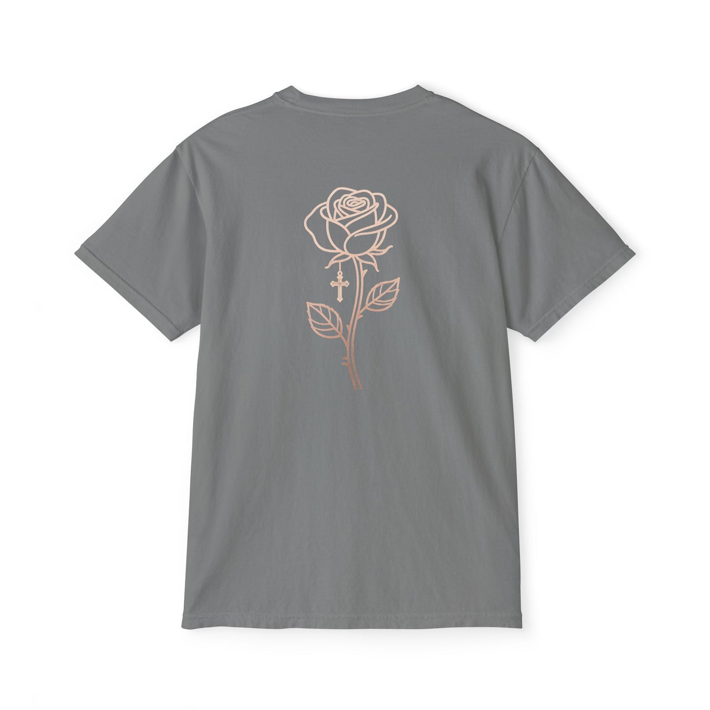 Garment-Dyed Pocket Tee — Rose Line-Art Back Design