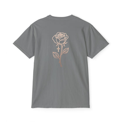 Garment-Dyed Pocket Tee — Rose Line-Art Back Design