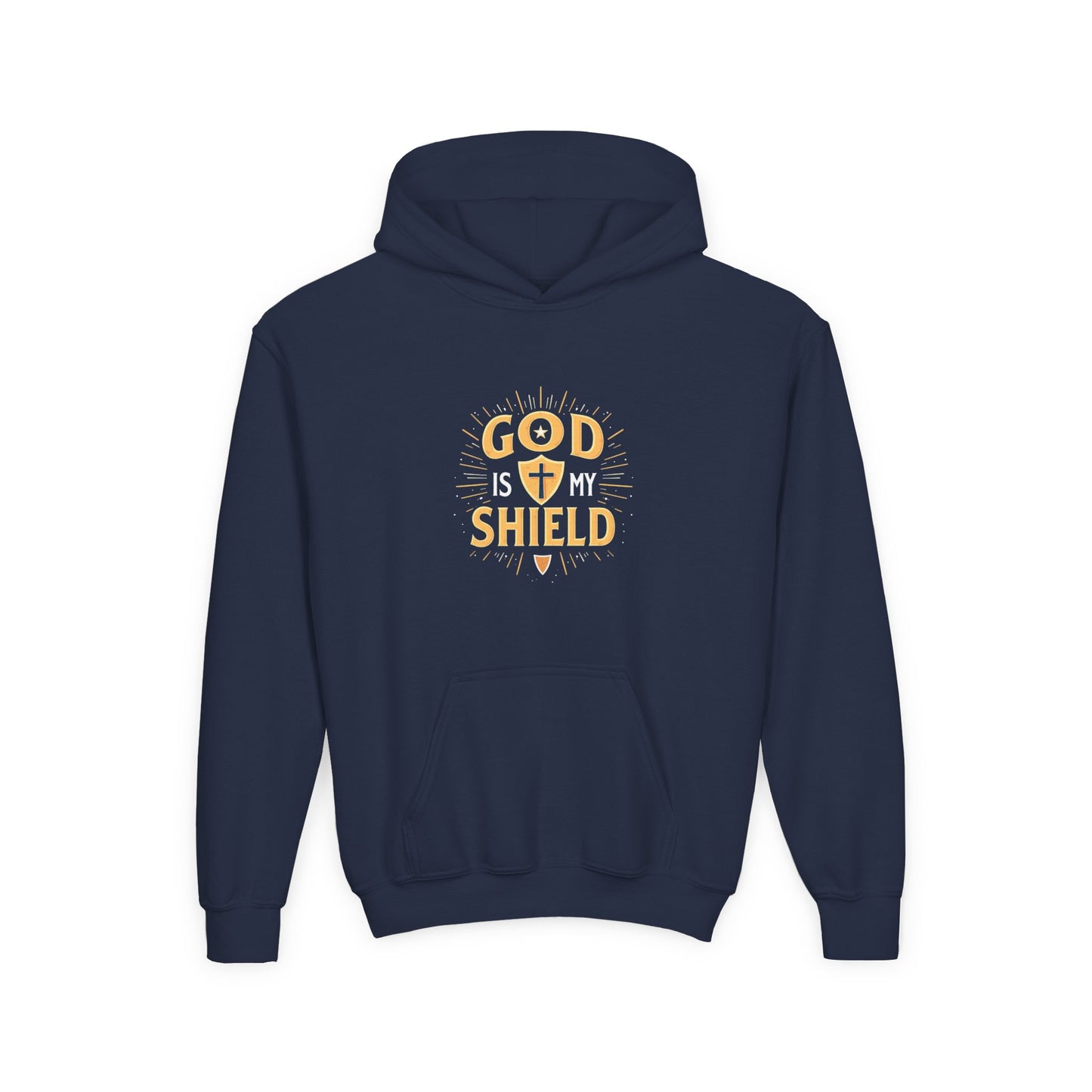 Youth Hoodie — "God Shield" Faith Graphic Pullover