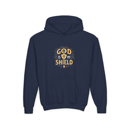 Youth Hoodie — "God Shield" Faith Graphic Pullover