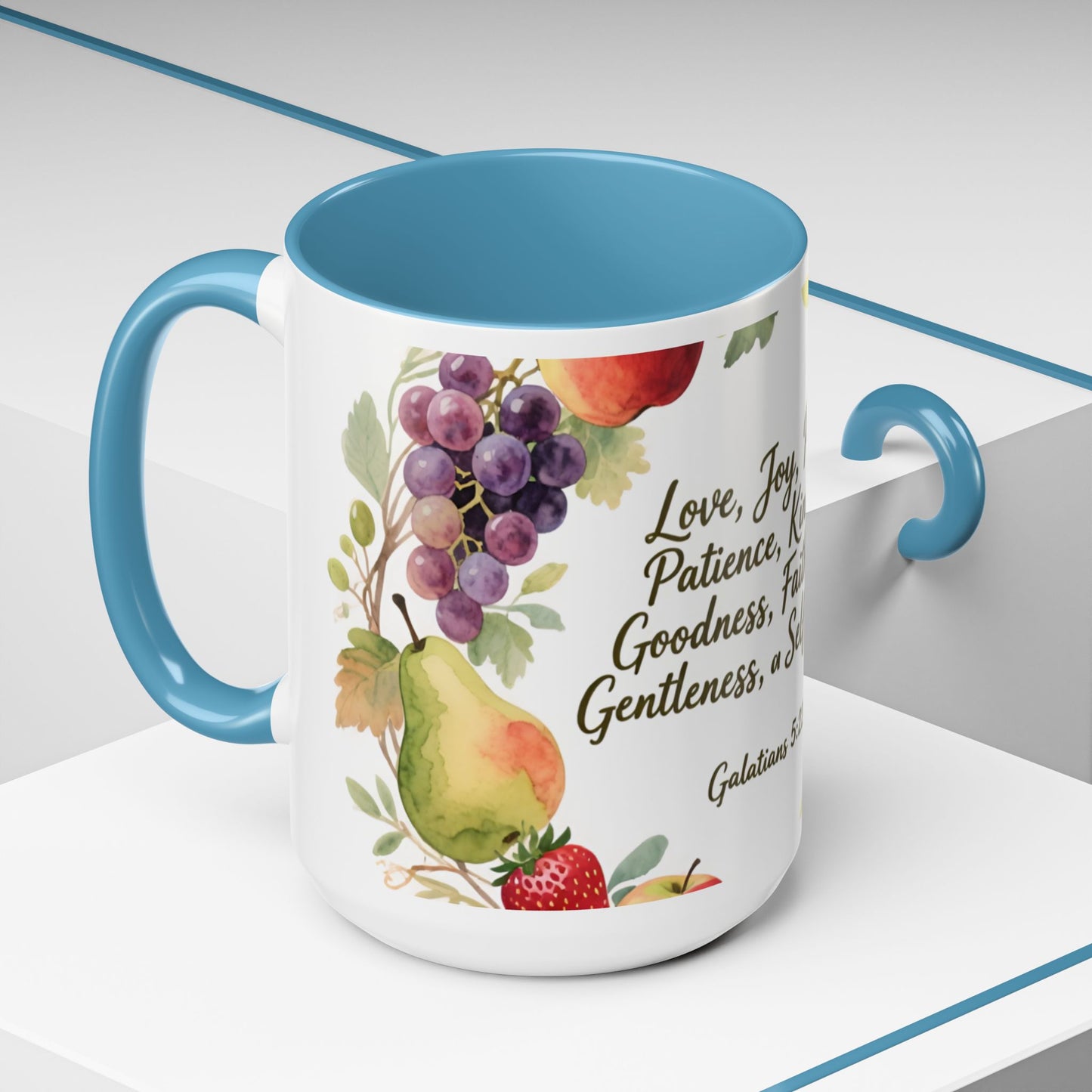 Christian Fruit of the Spirit Accent Coffee Mug — Galatians 5:22-23 Floral Scripture Design (11/15oz)