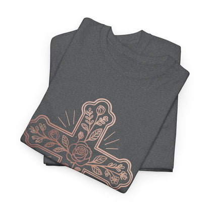 Floral Cross Tee – Delicate Pink Botanical Christian T-Shirt