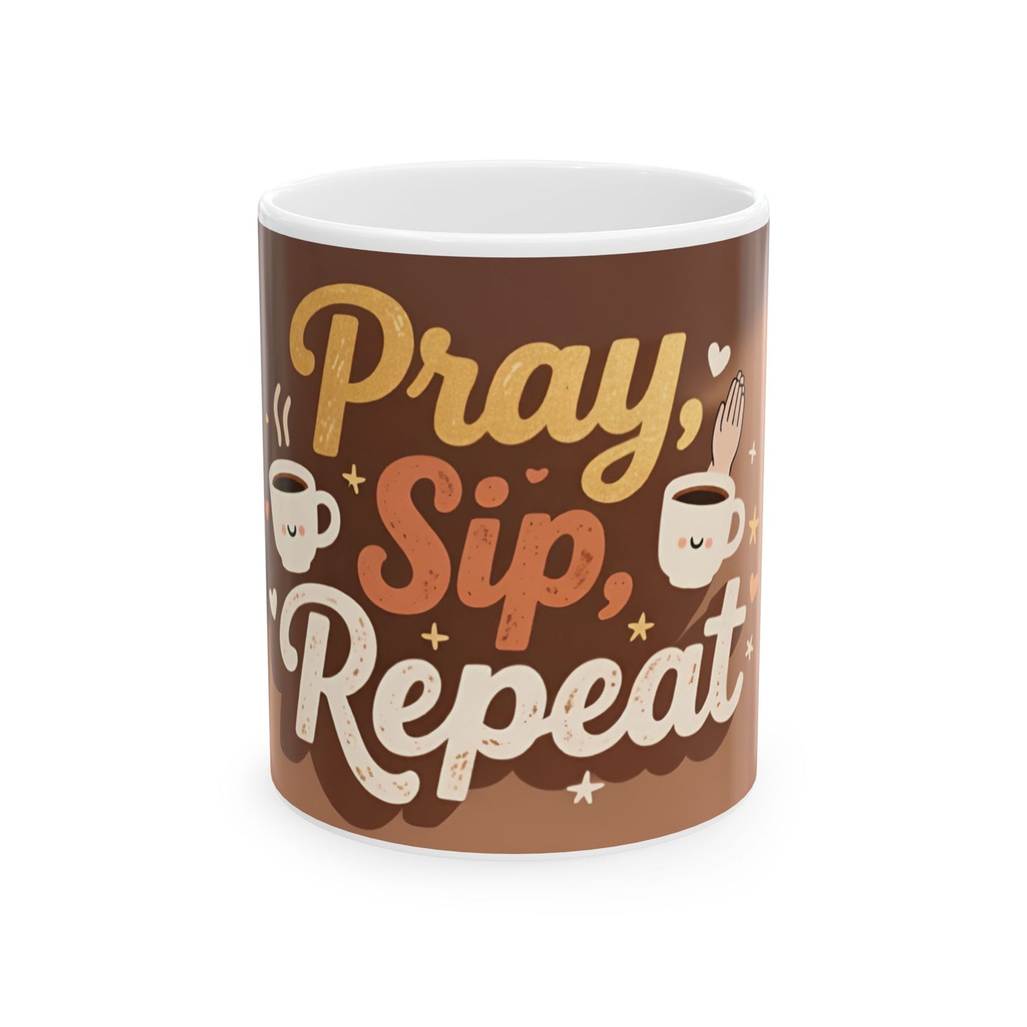 Pray Sip Repeat Mug | Ceramic Coffee Cup, Brown Stripes