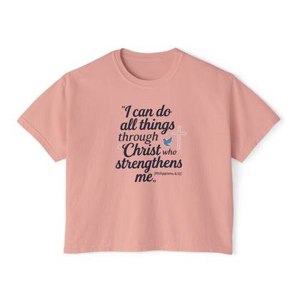 Christian Graphic Boxy Tee — "I Can Do All Things Through Christ" Inspirational Women’s T‑Shirt