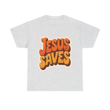Jesus Saves Retro Tee — Bright Sunset Faith T-Shirt