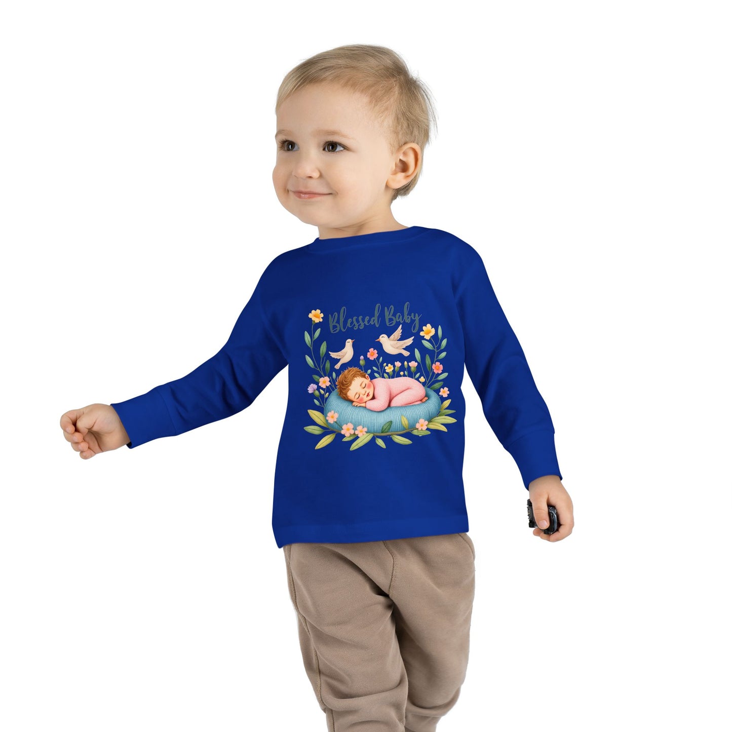 Blessed Baby Toddler Long Sleeve Tee — Cute Sleeping Newborn Floral Design
