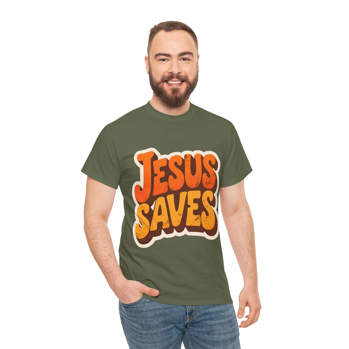 Jesus Saves Retro Tee — Bright Sunset Faith T-Shirt