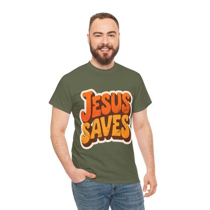 Jesus Saves Retro Tee — Bright Sunset Faith T-Shirt
